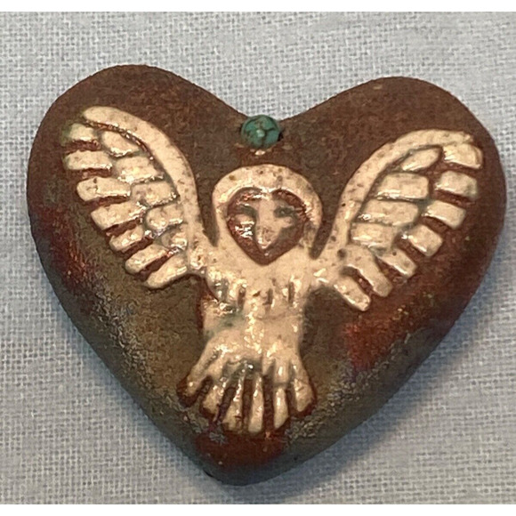 Raku Potteryworks Mini Heart Stone Owl Turquoise Stone Paperweight 2" - Picture 1 of 8